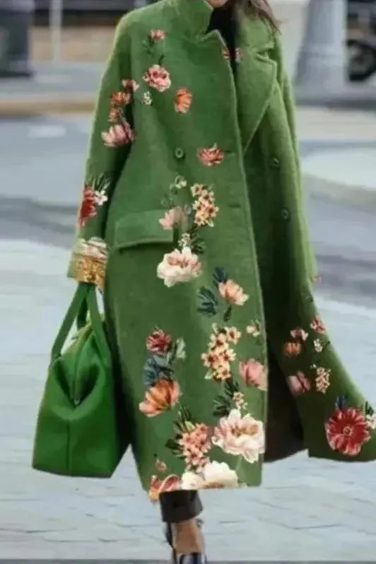 Women's Floral Print Long Coat with Stand Collar