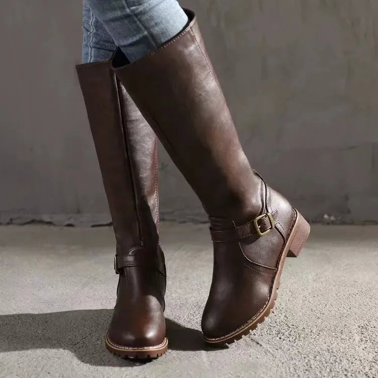 Women's Knee-High Boots with Side Zip and Buckle Detail