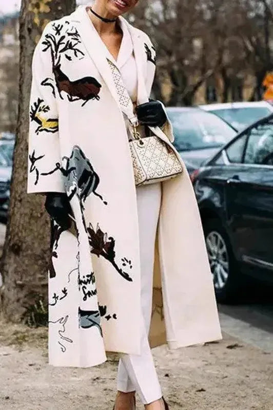Women's Floral Print Long Coat with Stand Collar