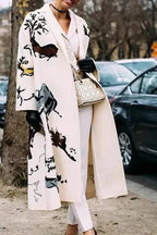 Women's Floral Print Long Coat with Stand Collar