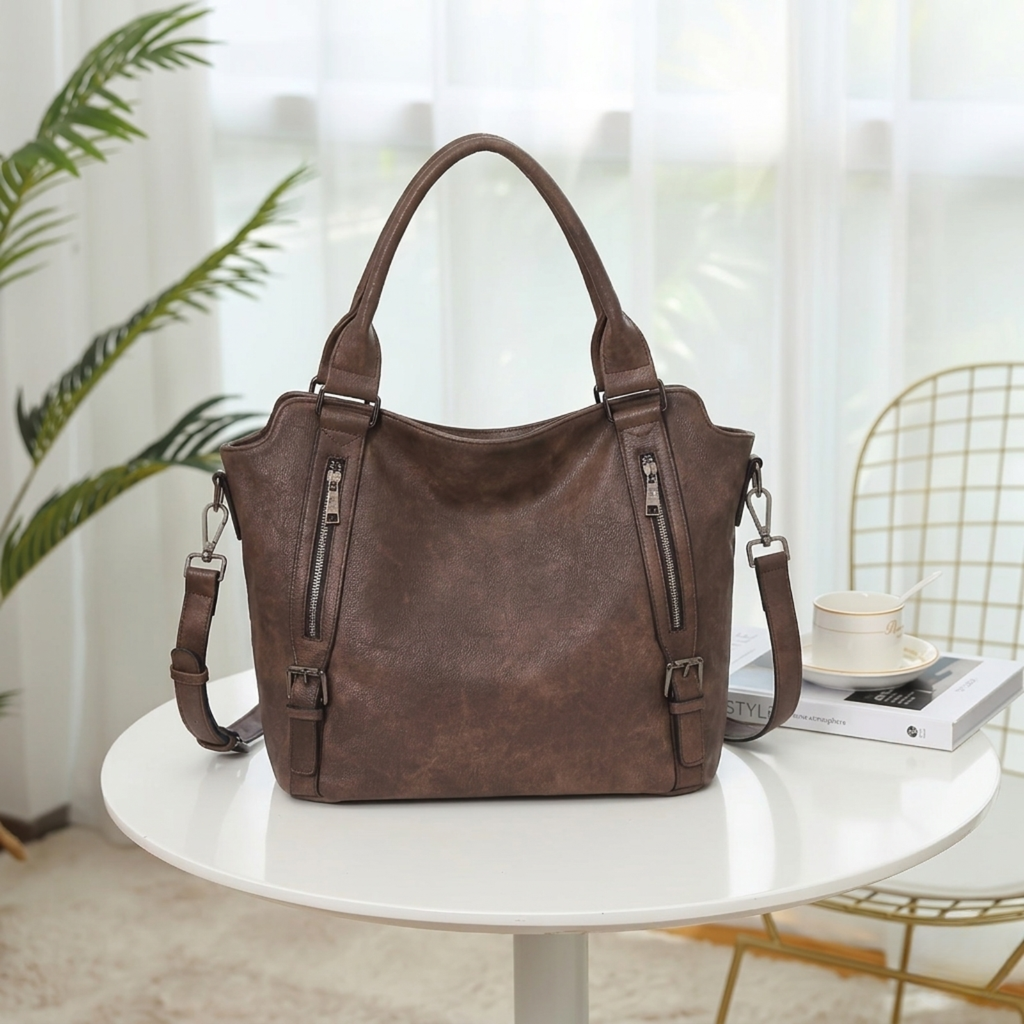 Women's Faux Leather Tote Bag with Shoulder Strap
