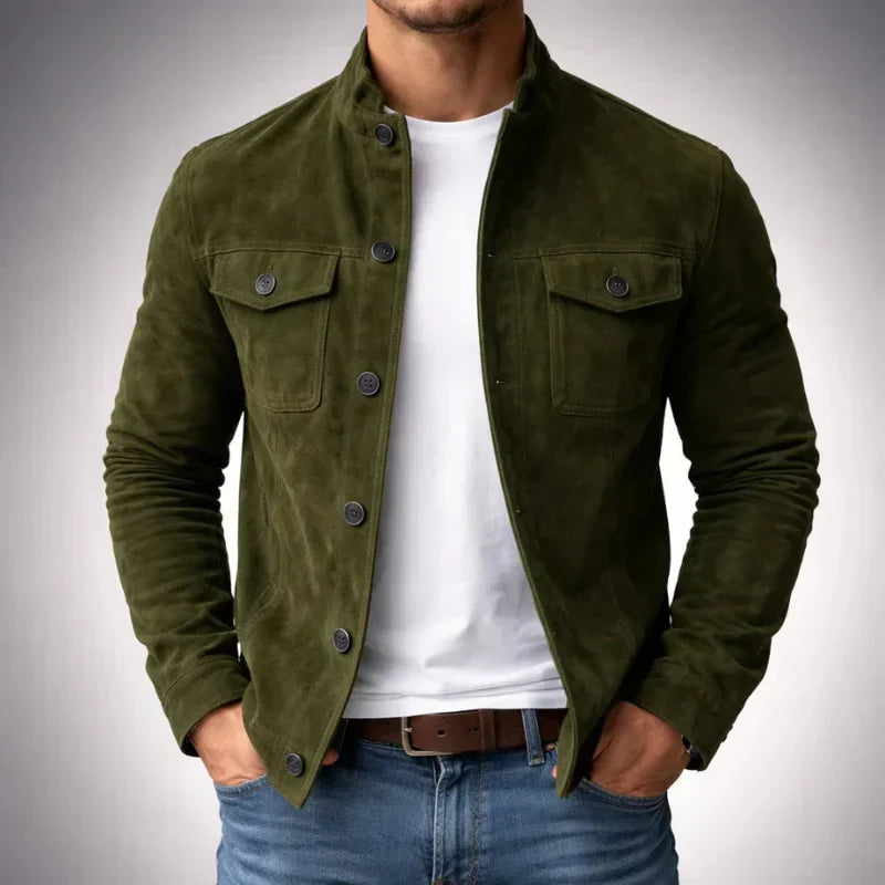 Men's Suede Button-Front Jacket with Stand Collar