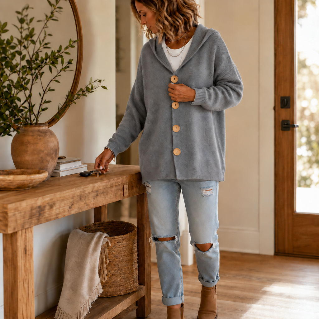 Women's Hooded Waffle Knit Button-Front Cardigan
