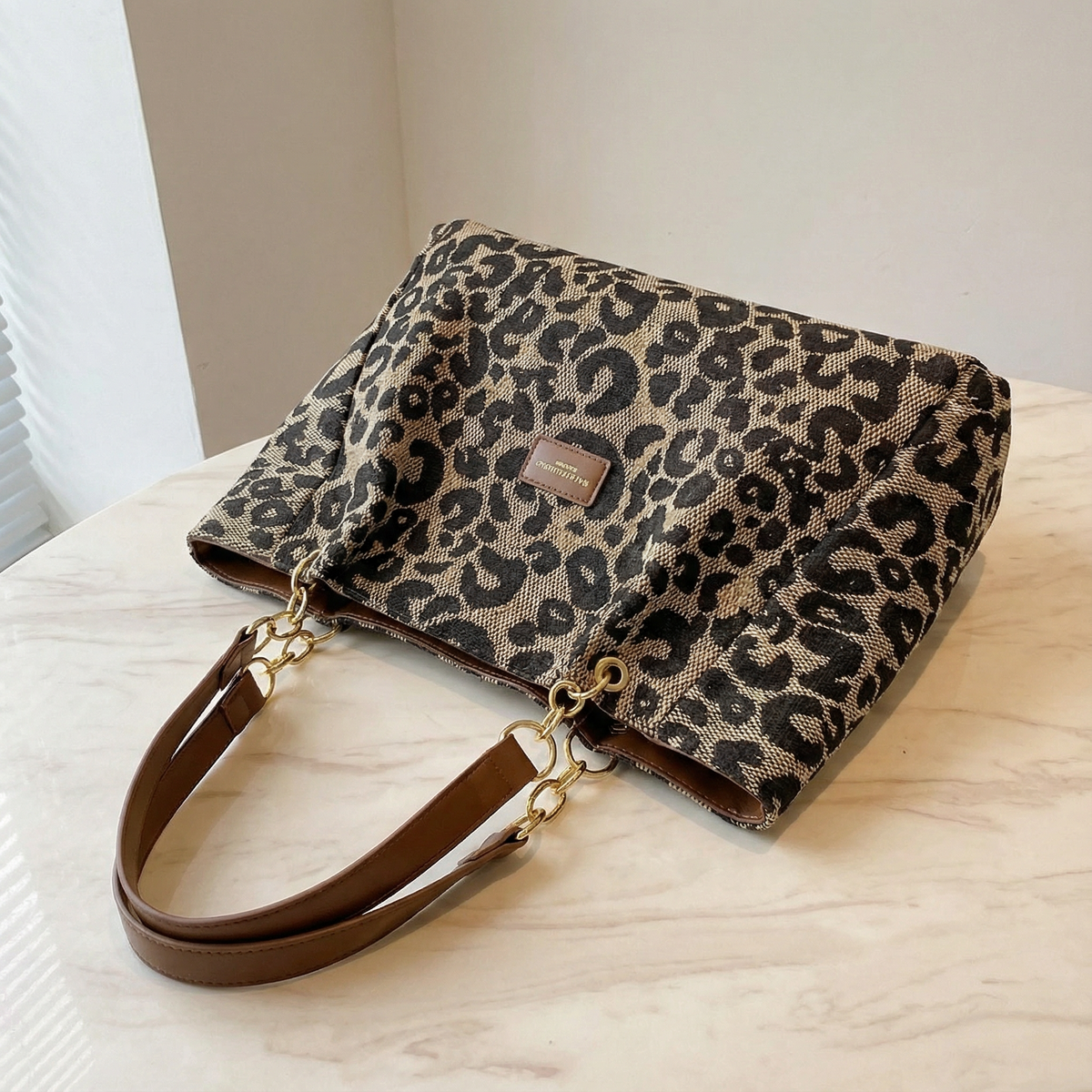 Women's Leopard Print Canvas Tote with Chain Detail