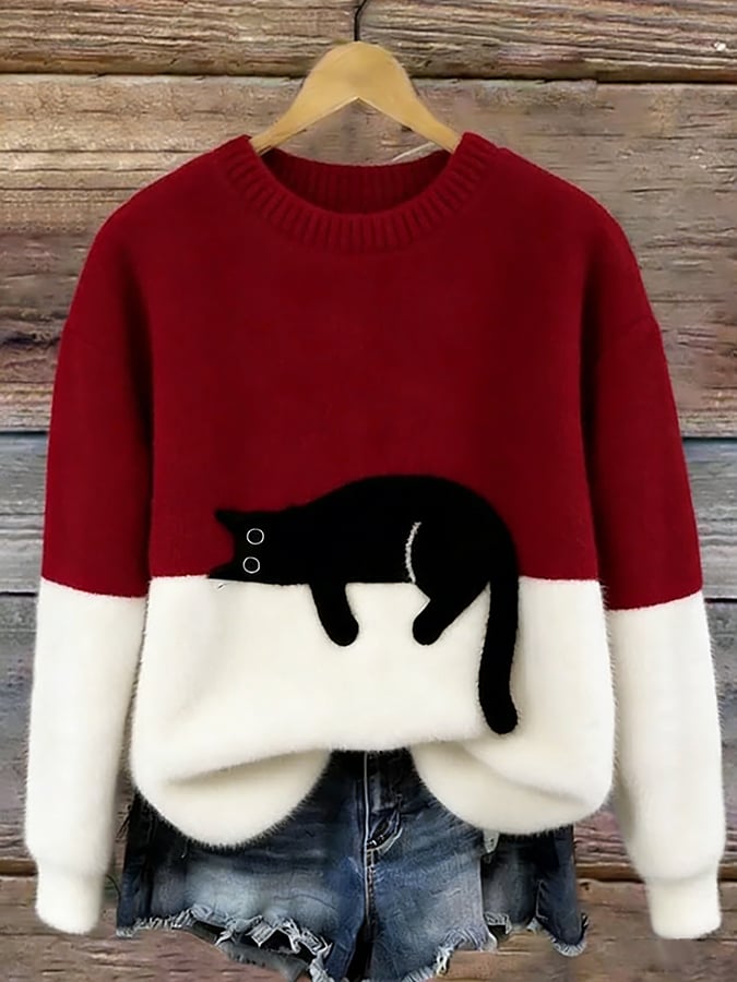 Women's Colorblock Cat Crew Neck Sweater