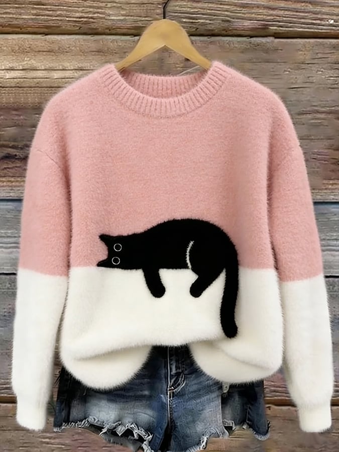 Women's Colorblock Cat Crew Neck Sweater
