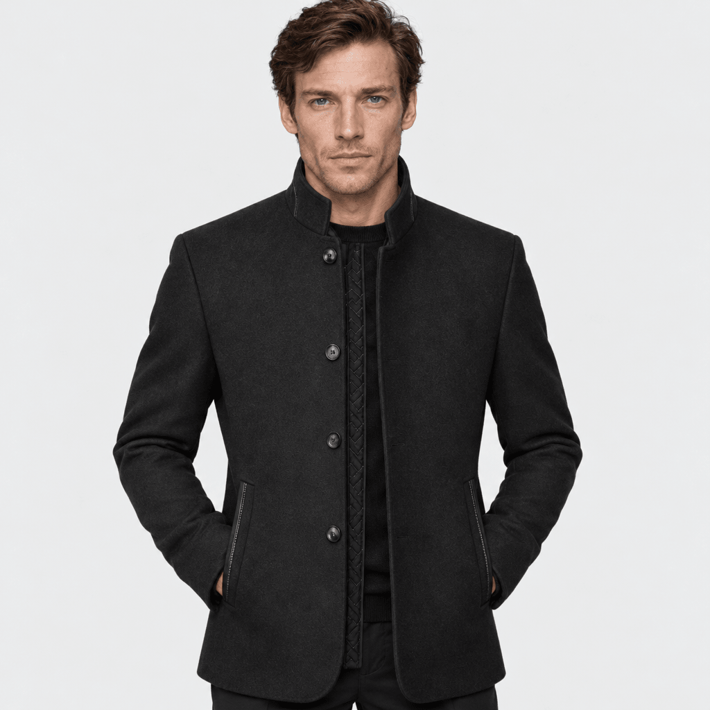 Ascot – Tailored Mandarin-Collar Wool Overcoat (Black) - MattiaCremasco