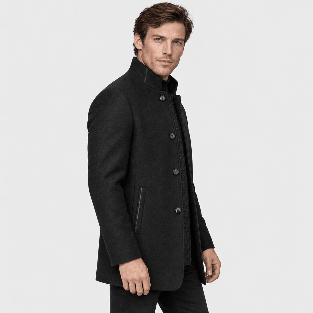 Ascot – Tailored Mandarin-Collar Wool Overcoat (Black) - MattiaCremasco