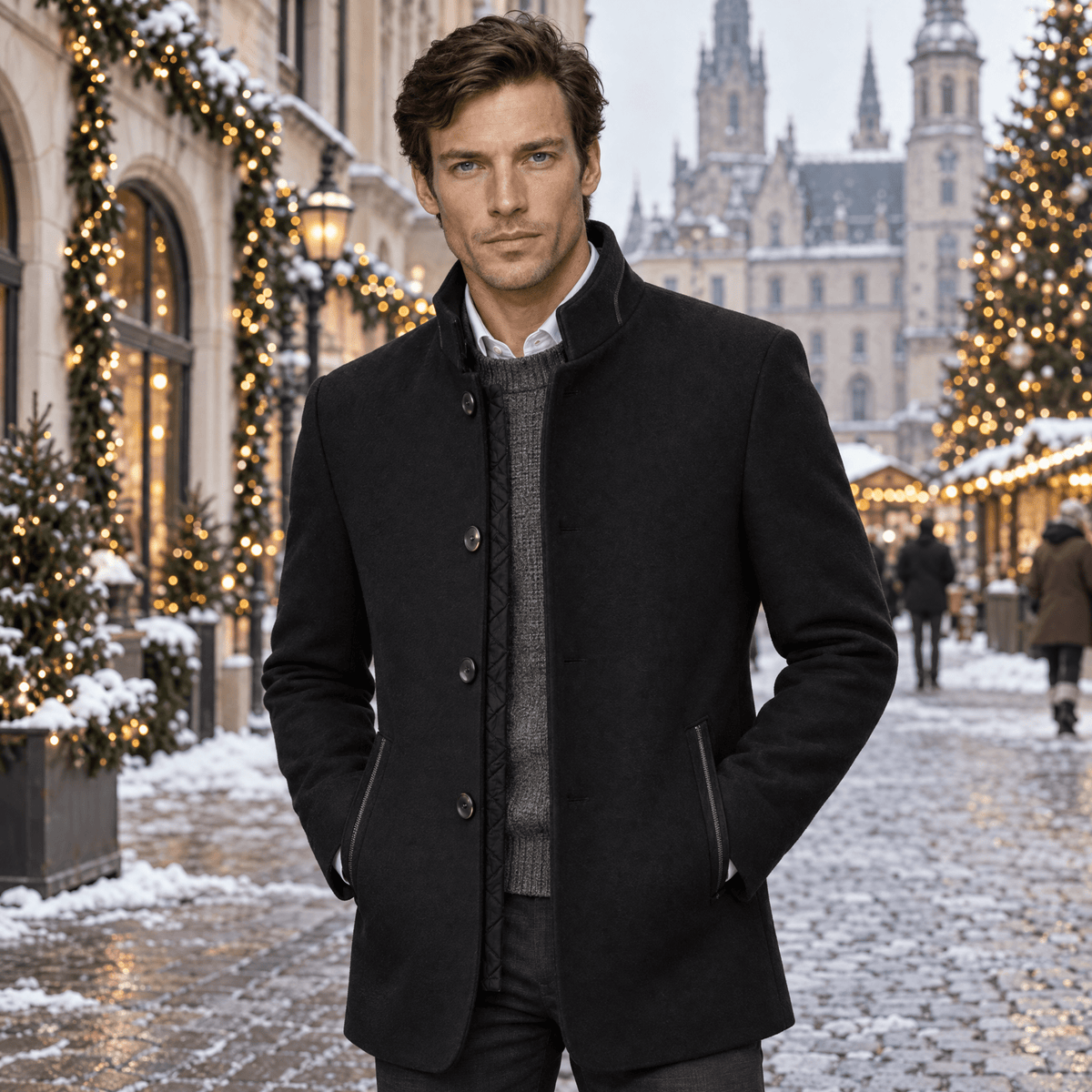 Ascot – Tailored Mandarin-Collar Wool Overcoat (Black) - MattiaCremasco