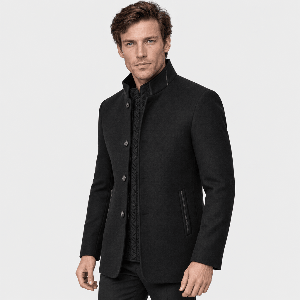 Ascot – Tailored Mandarin-Collar Wool Overcoat (Black) - MattiaCremasco