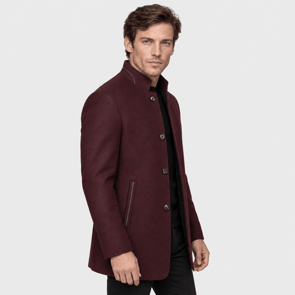 Ascot – Tailored Mandarin-Collar Wool Overcoat (Burgundy) - MattiaCremasco