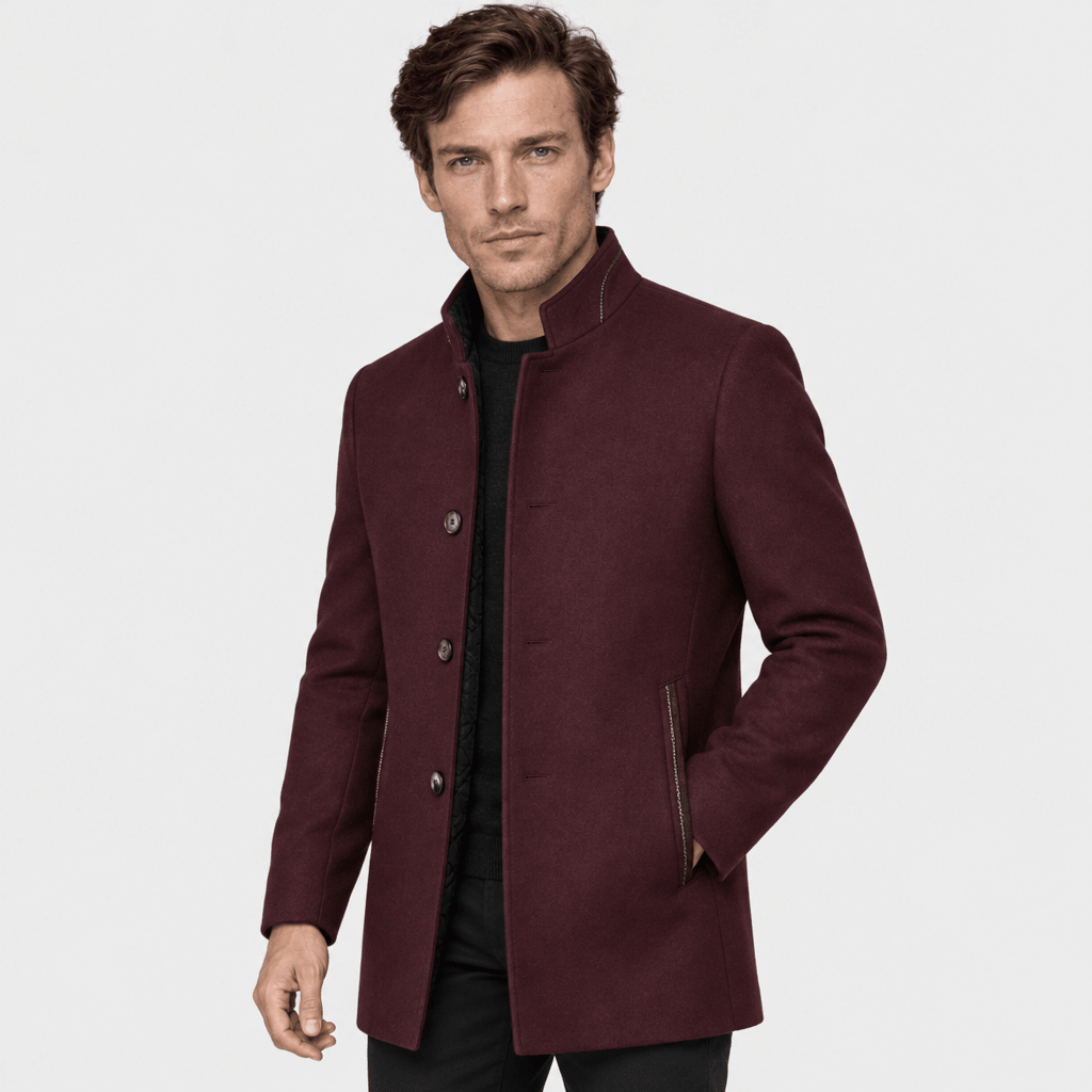Ascot – Tailored Mandarin-Collar Wool Overcoat (Burgundy) - MattiaCremasco