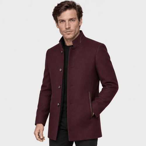 Ascot – Tailored Mandarin-Collar Wool Overcoat (Burgundy) - MattiaCremasco