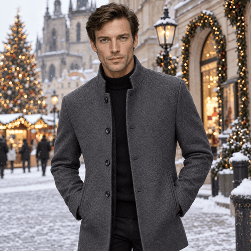 Ascot – Tailored Mandarin-Collar Wool Overcoat (Charcoal Grey) - MattiaCremasco