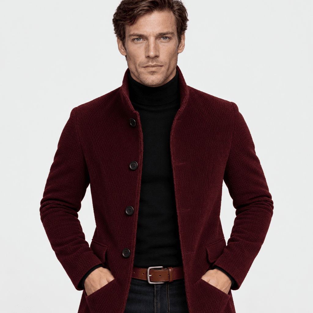 Barrington – Tailored Corduroy Stand-Collar Overcoat (Burgundy) - MattiaCremasco