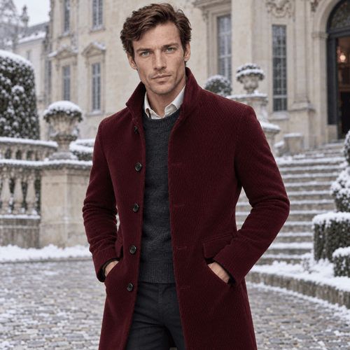 Barrington – Tailored Corduroy Stand-Collar Overcoat (Burgundy) - MattiaCremasco