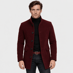 Barrington – Tailored Corduroy Stand-Collar Overcoat (Burgundy) - MattiaCremasco