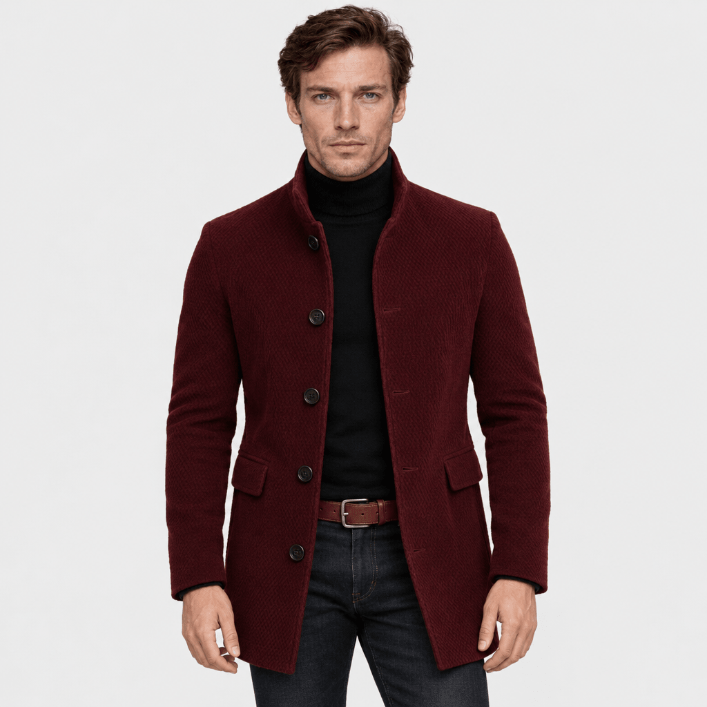 Barrington – Tailored Corduroy Stand-Collar Overcoat (Burgundy) - MattiaCremasco