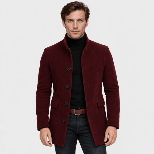 Barrington – Tailored Corduroy Stand-Collar Overcoat (Burgundy) - MattiaCremasco