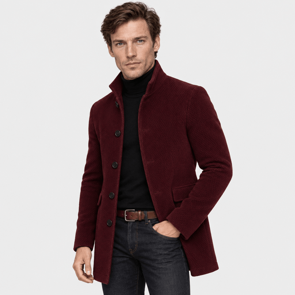 Barrington – Tailored Corduroy Stand-Collar Overcoat (Burgundy) - MattiaCremasco