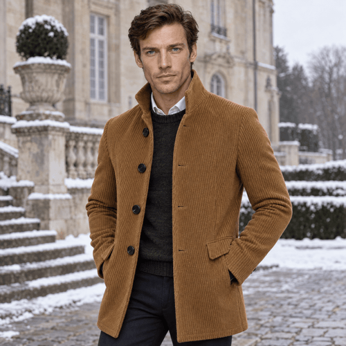 Barrington – Tailored Corduroy Stand-Collar Overcoat (Camel Brown) - MattiaCremasco