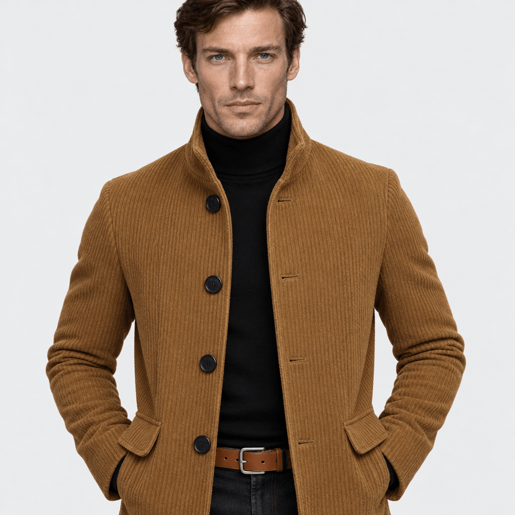 Barrington – Tailored Corduroy Stand-Collar Overcoat (Camel Brown) - MattiaCremasco