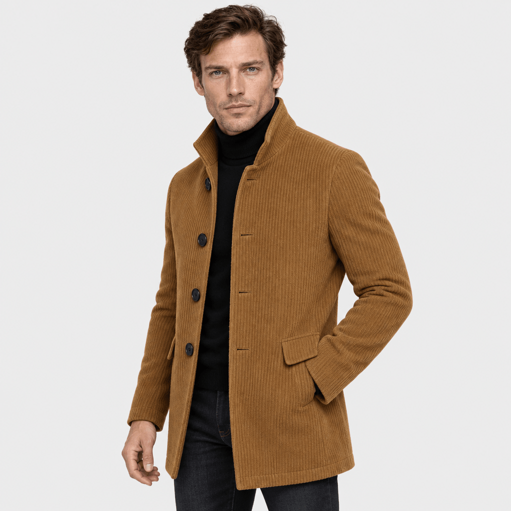 Barrington – Tailored Corduroy Stand-Collar Overcoat (Camel Brown) - MattiaCremasco