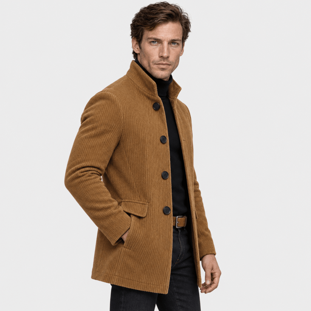 Barrington – Tailored Corduroy Stand-Collar Overcoat (Camel Brown) - MattiaCremasco
