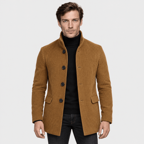 Barrington – Tailored Corduroy Stand-Collar Overcoat (Camel Brown) - MattiaCremasco