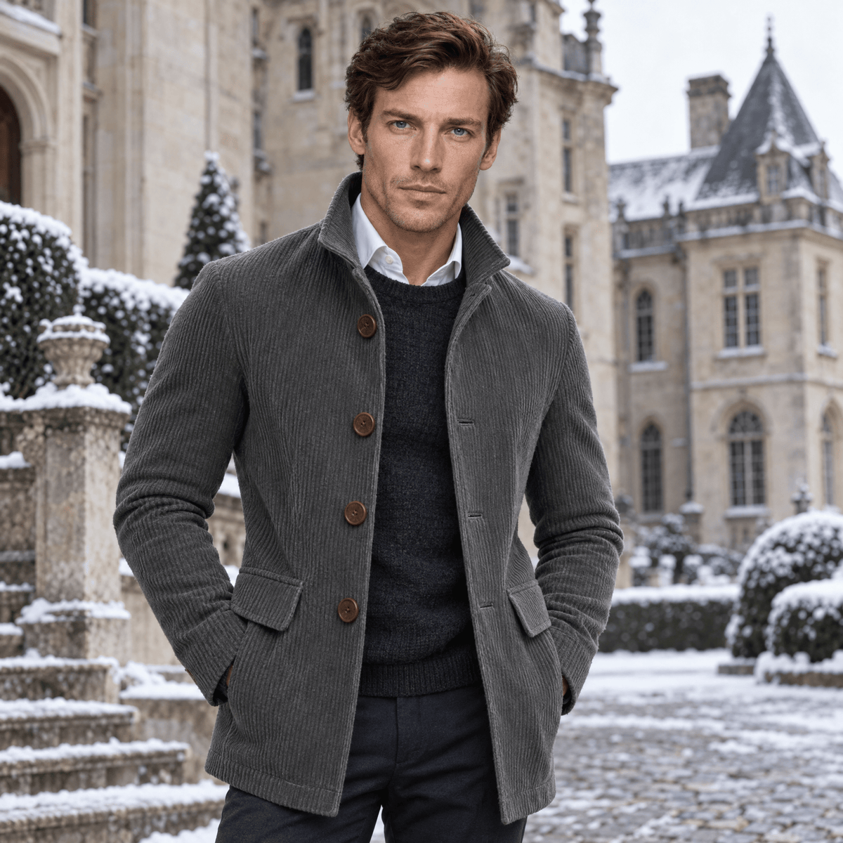 Barrington – Tailored Corduroy Stand-Collar Overcoat (Dark Grey) - MattiaCremasco
