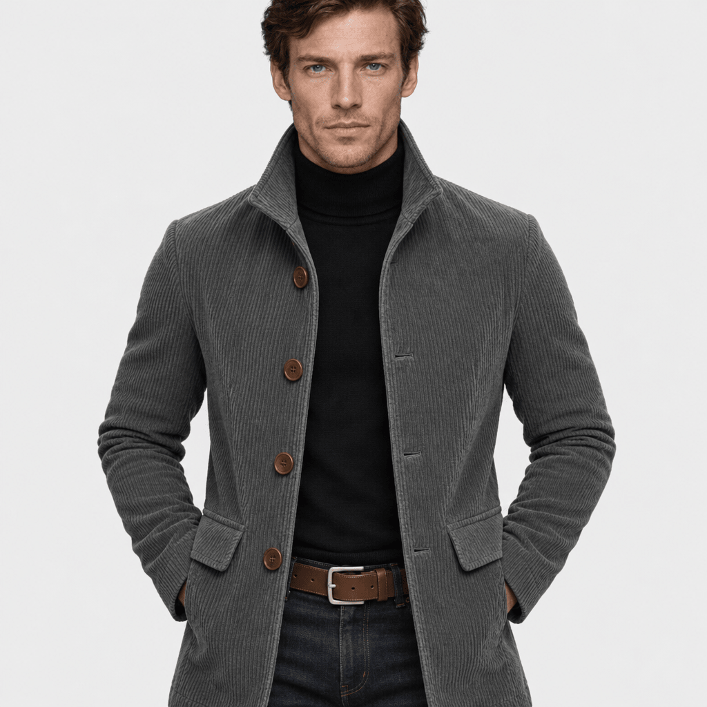 Barrington – Tailored Corduroy Stand-Collar Overcoat (Dark Grey) - MattiaCremasco