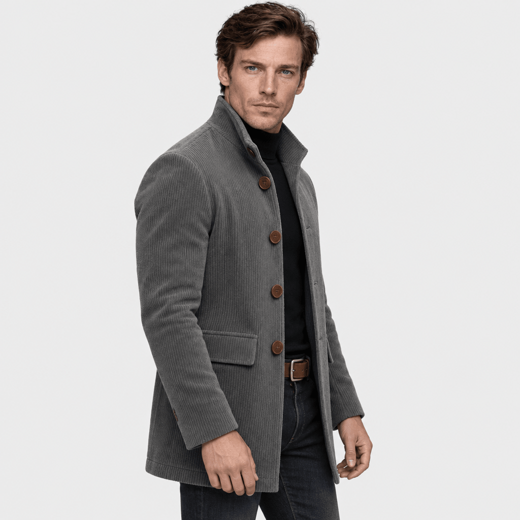 Barrington – Tailored Corduroy Stand-Collar Overcoat (Dark Grey) - MattiaCremasco