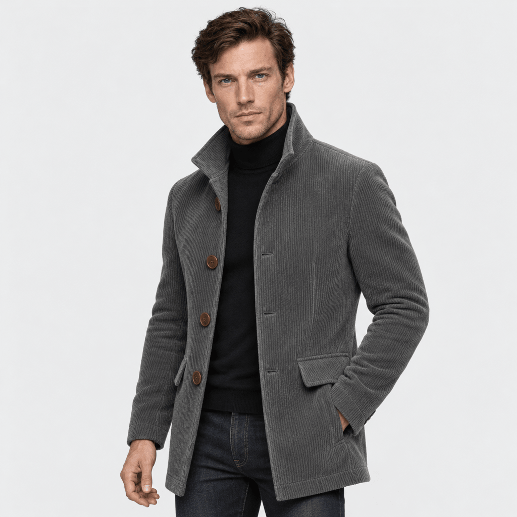 Barrington – Tailored Corduroy Stand-Collar Overcoat (Dark Grey) - MattiaCremasco