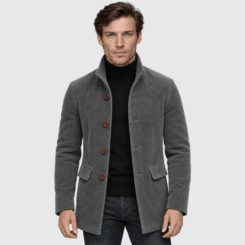 Barrington – Tailored Corduroy Stand-Collar Overcoat (Dark Grey) - MattiaCremasco