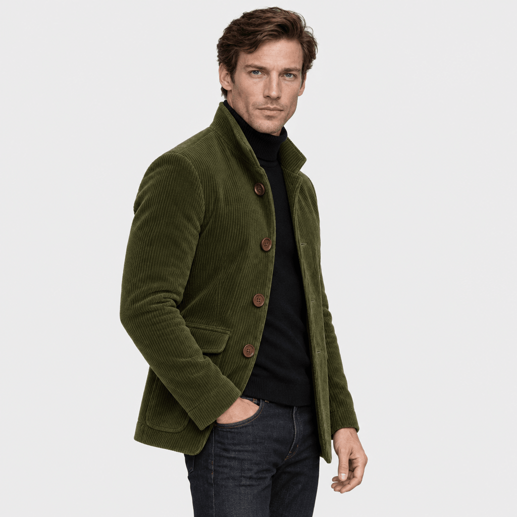 Barrington – Tailored Corduroy Stand-Collar Overcoat (Olive Green) - MattiaCremasco
