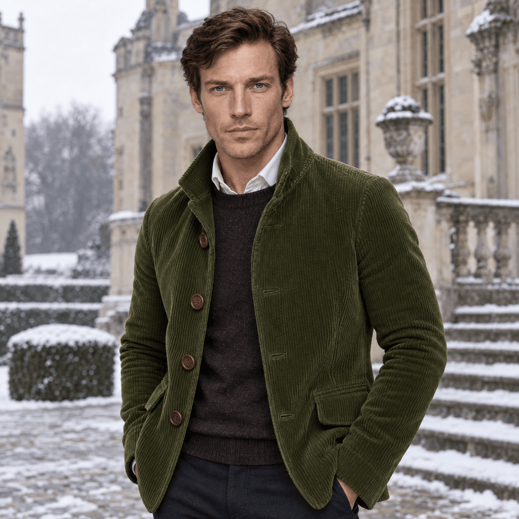 Barrington – Tailored Corduroy Stand-Collar Overcoat (Olive Green) - MattiaCremasco