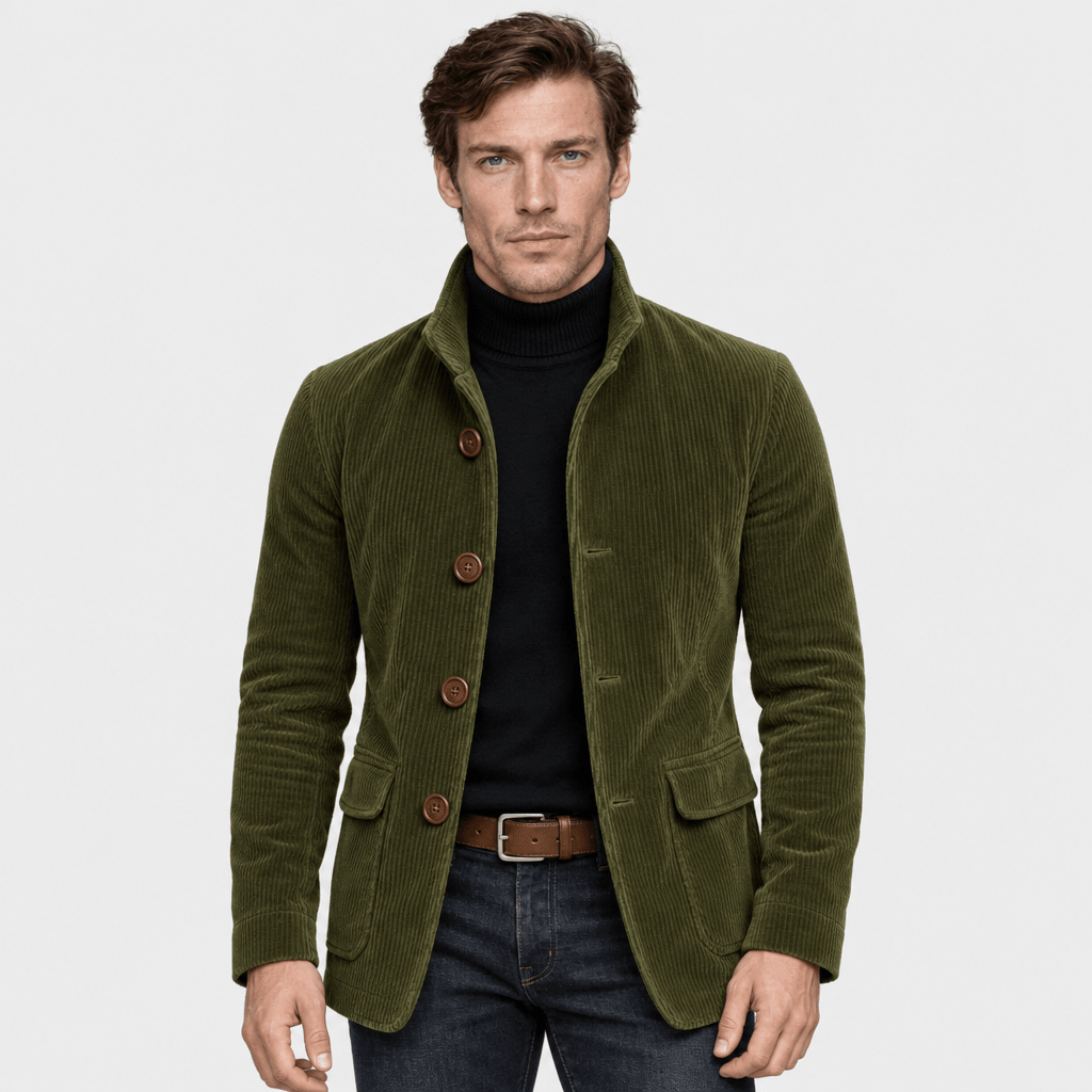 Barrington – Tailored Corduroy Stand-Collar Overcoat (Olive Green) - MattiaCremasco