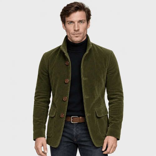 Barrington – Tailored Corduroy Stand-Collar Overcoat (Olive Green) - MattiaCremasco