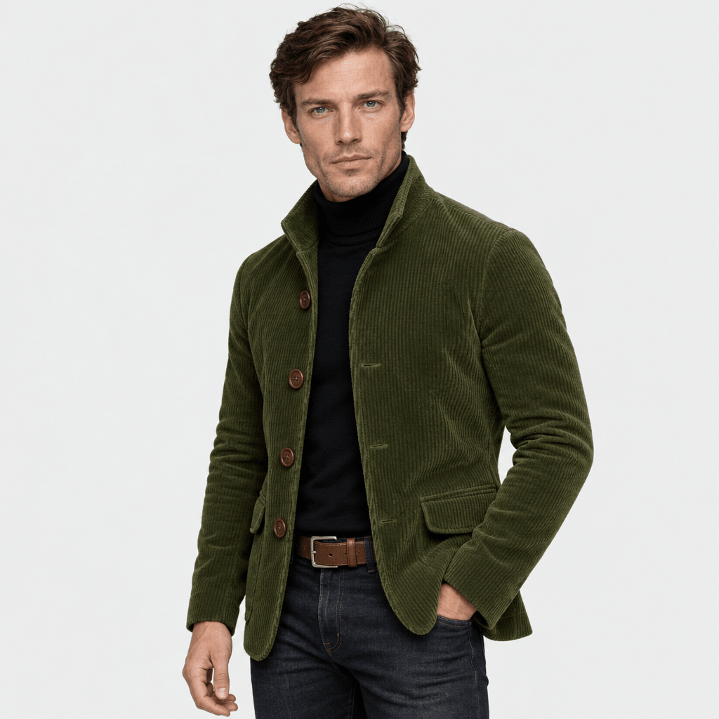 Barrington – Tailored Corduroy Stand-Collar Overcoat (Olive Green) - MattiaCremasco