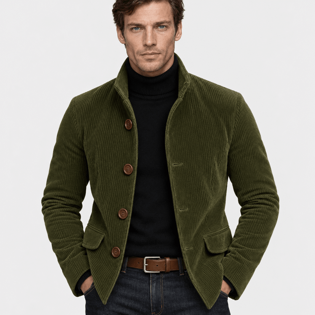 Barrington – Tailored Corduroy Stand-Collar Overcoat (Olive Green) - MattiaCremasco