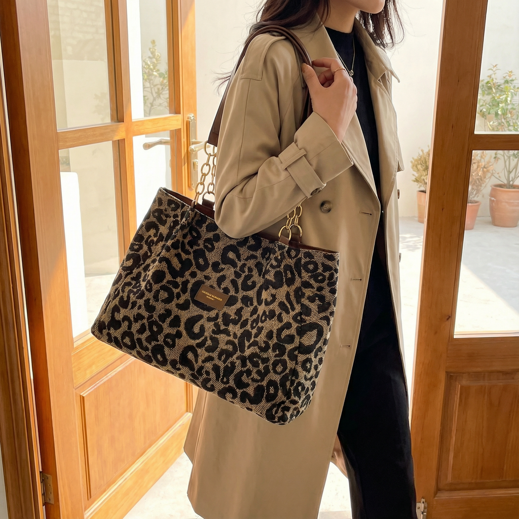 Women's Leopard Print Canvas Tote with Chain Detail