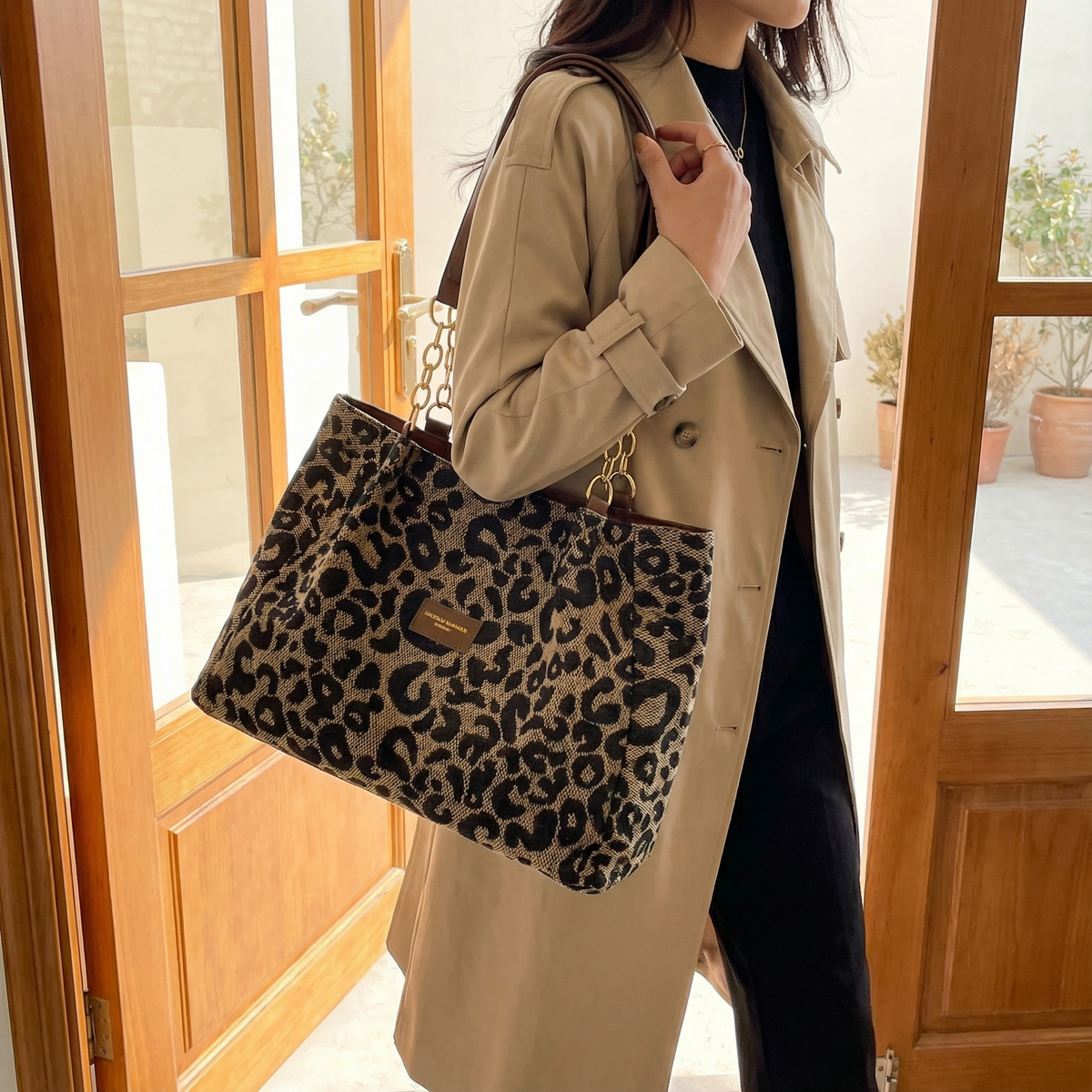 Women's Leopard Print Canvas Tote with Chain Detail