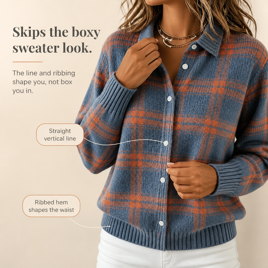 Women's Plaid Button-Front Knit Cardigan with Collar