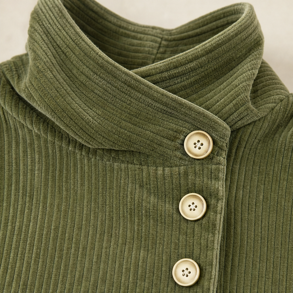 Women's Asymmetric Button Corduroy Top with Funnel Neck