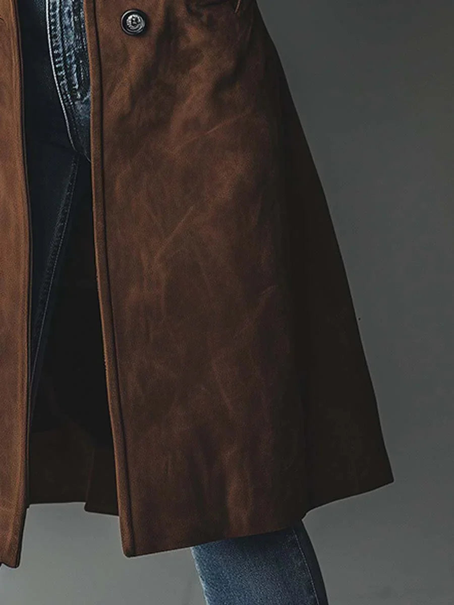 Women's Faux Suede Trench Coat with Button Front