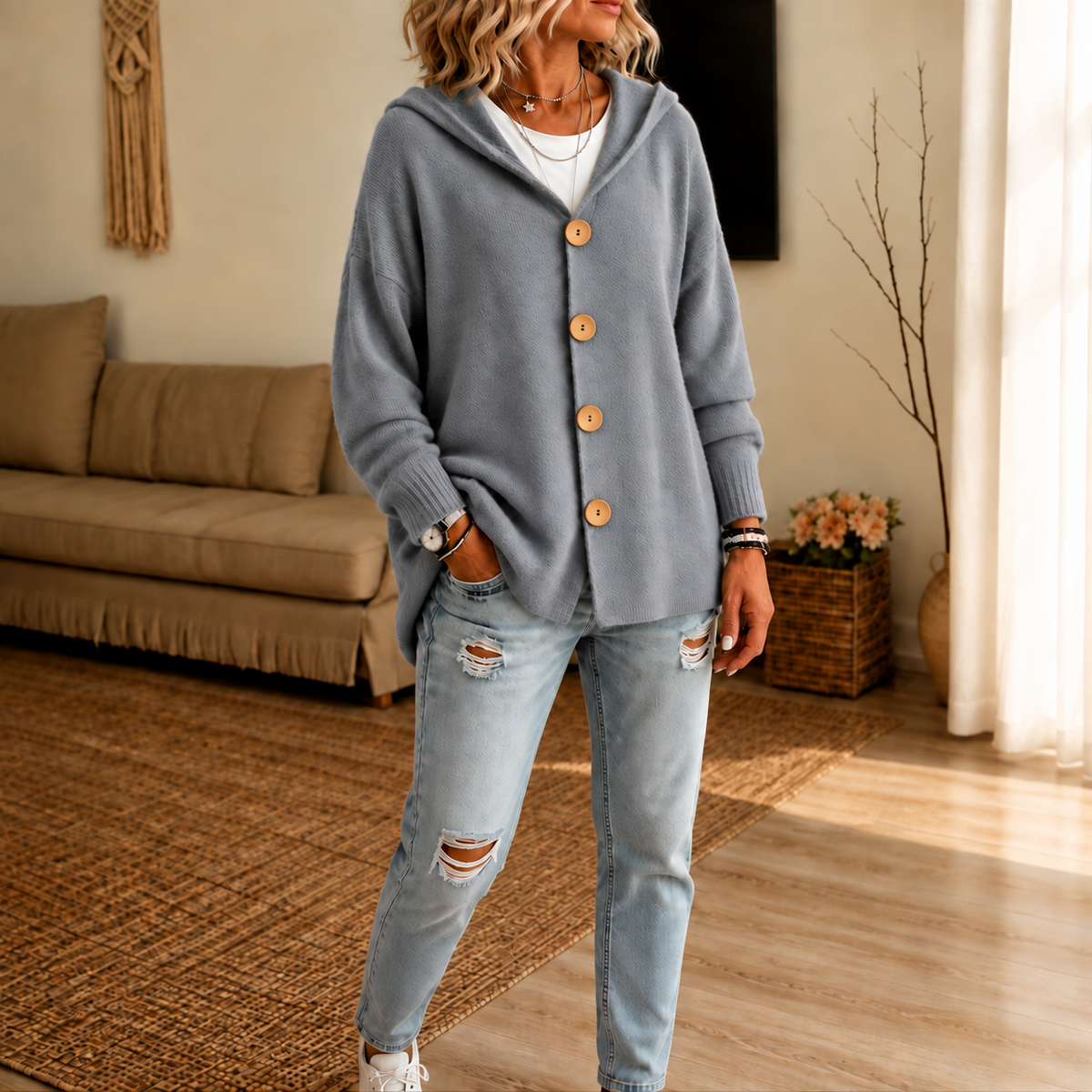 Women's Hooded Waffle Knit Button-Front Cardigan