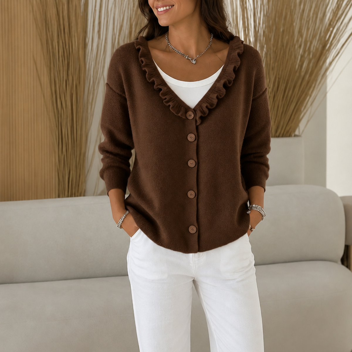 Women's Ruffle Collar Button-Front Knit Cardigan