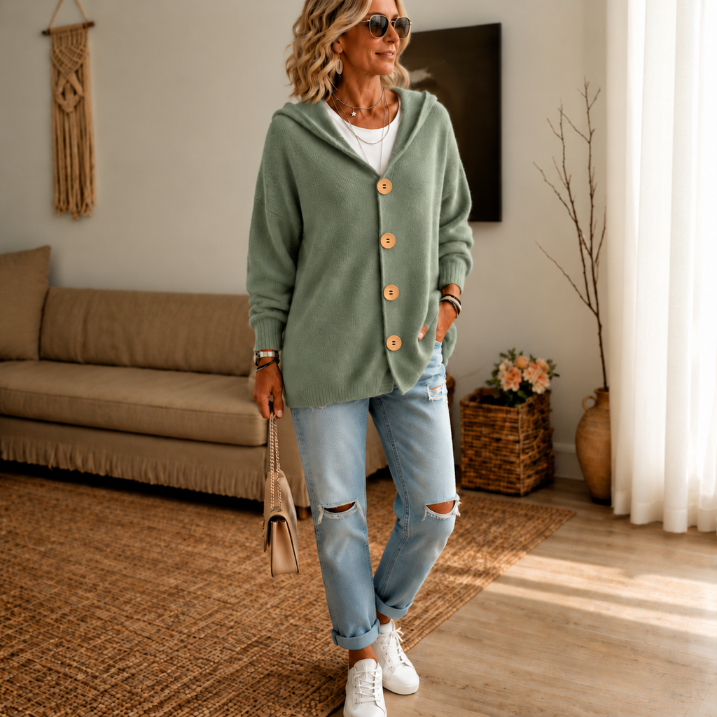 Women's Hooded Waffle Knit Button-Front Cardigan