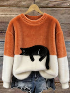 Women's Colorblock Cat Crew Neck Sweater