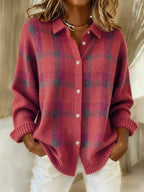 Women's Plaid Knit Cardigan with Button Front